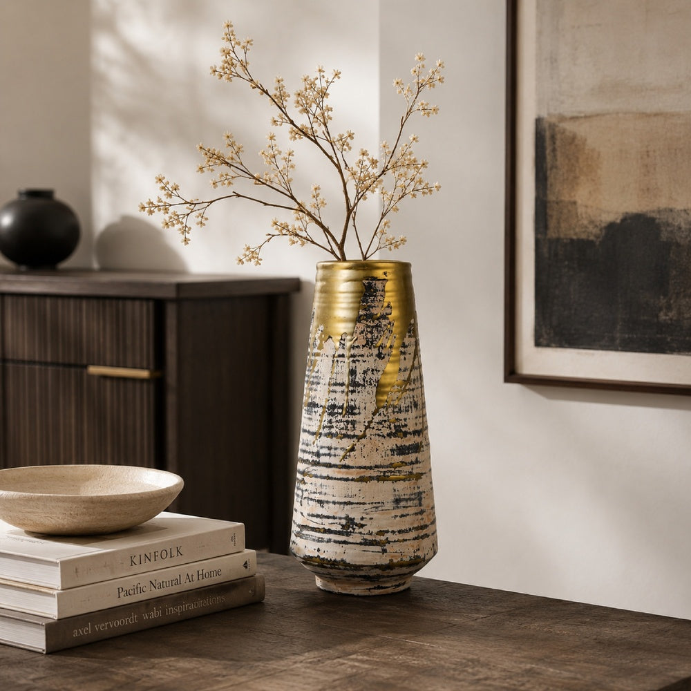 Gold Drip Vase | Ribbed Texture | Distress Gray & White Ceramic 14"