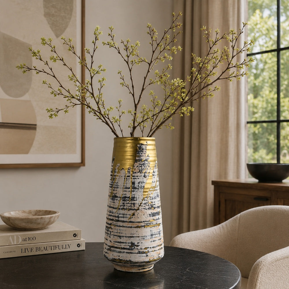 Gold Drip Vase | Ribbed Texture | Distress Gray & White Ceramic 14"