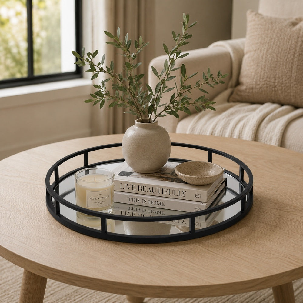 Shaya Round Tray | Gallery Frame w Rails | Glass | Black Metal 15"
