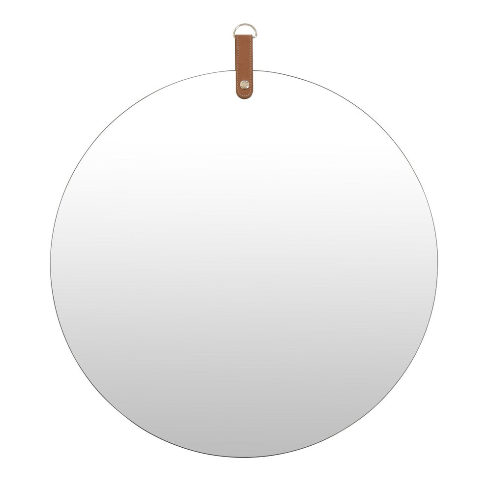 Decorative Wall Mirror | 20" Round Frameless | Brown Faux Leather Strap