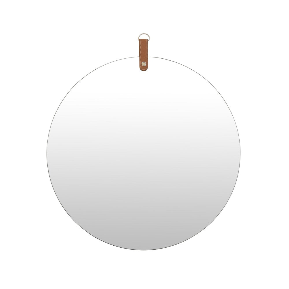 Decorative Wall Mirror | 20" Round Frameless | Brown Faux Leather Strap