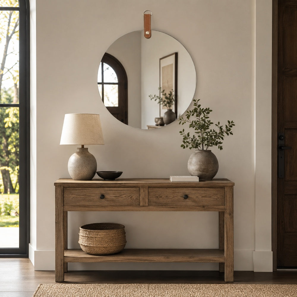 Decorative Wall Mirror | 20" Round Frameless | Brown Faux Leather Strap