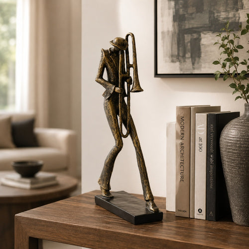 Decorative Sculpture | Trombone Player | Vintage Antique Gold Resin 20"