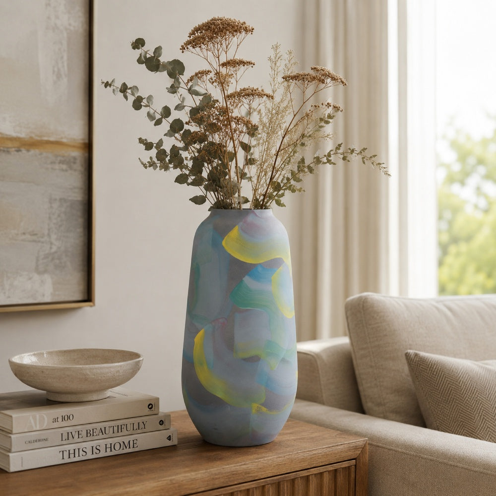 Riya Decorative Vase | Abstract Watercolor Art | Blue Ceramic 14"