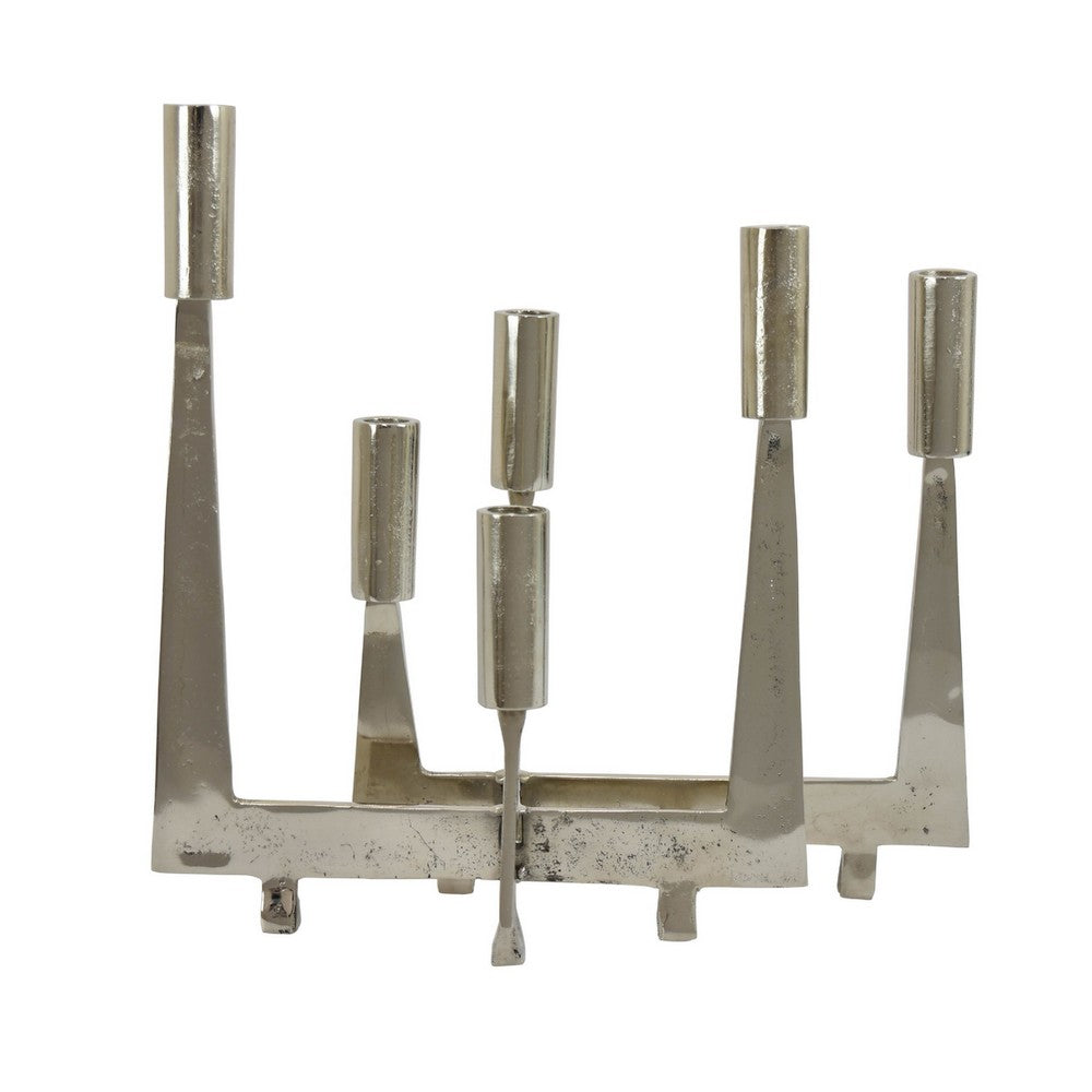 5 Arm C&le Holder | Asymmetrical Geometric Style | Silver Metal 16"