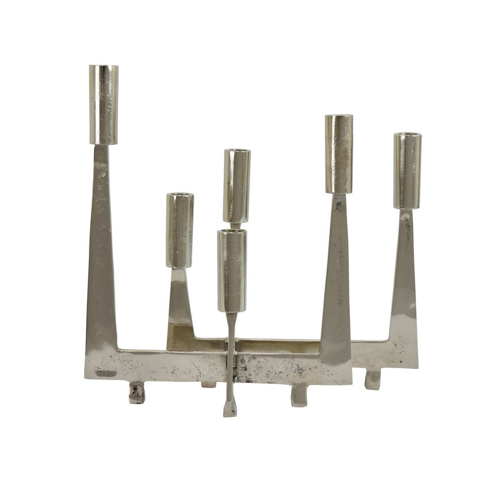 5 Arm C&le Holder | Asymmetrical Geometric Style | Silver Metal 16"