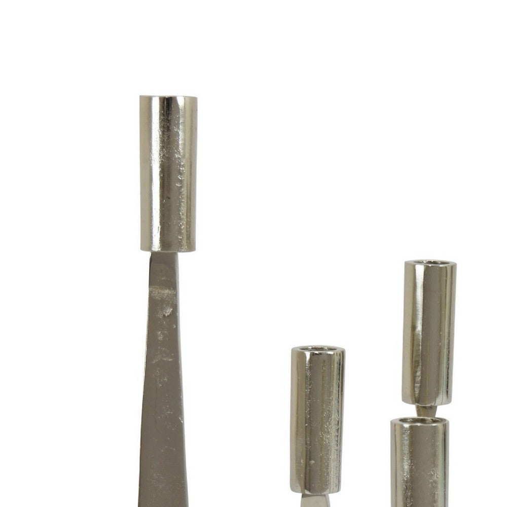 5 Arm C&le Holder | Asymmetrical Geometric Style | Silver Metal 16"