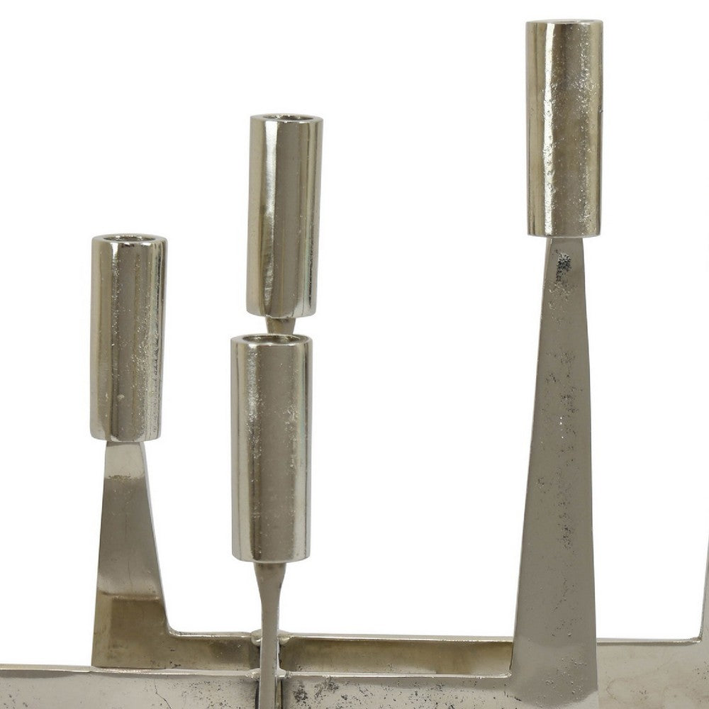 5 Arm C&le Holder | Asymmetrical Geometric Style | Silver Metal 16"