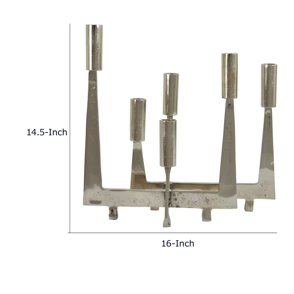 5 Arm C&le Holder | Asymmetrical Geometric Style | Silver Metal 16"