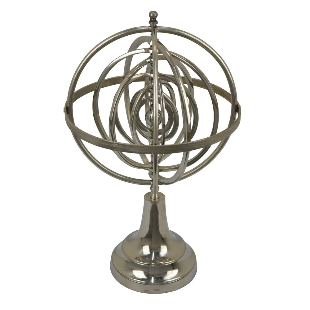Tabletop Decor | Armillary Sphere w Globe | Polished Silver Metal 15"