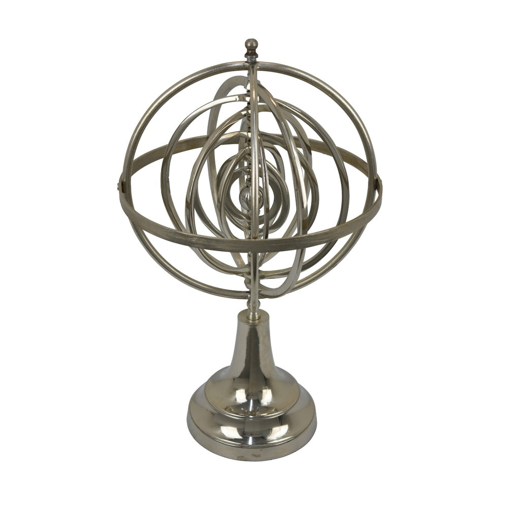 Tabletop Decor | Armillary Sphere w Globe | Polished Silver Metal 15"