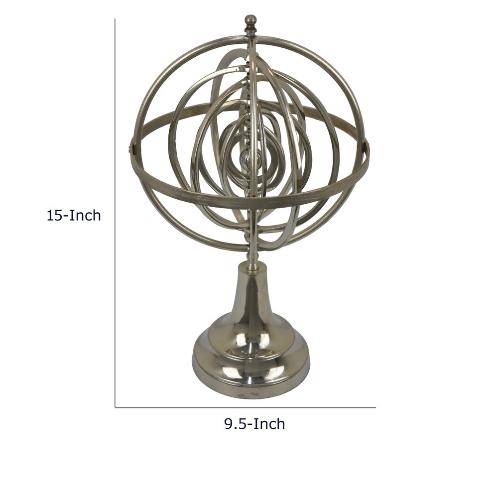 Tabletop Decor | Armillary Sphere w Globe | Polished Silver Metal 15"