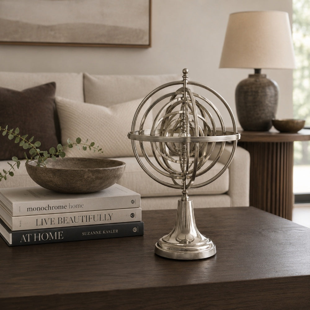 Tabletop Decor | Armillary Sphere w Globe | Polished Silver Metal 15"