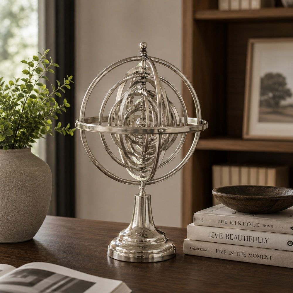 Tabletop Decor | Armillary Sphere w Globe | Polished Silver Metal 15"