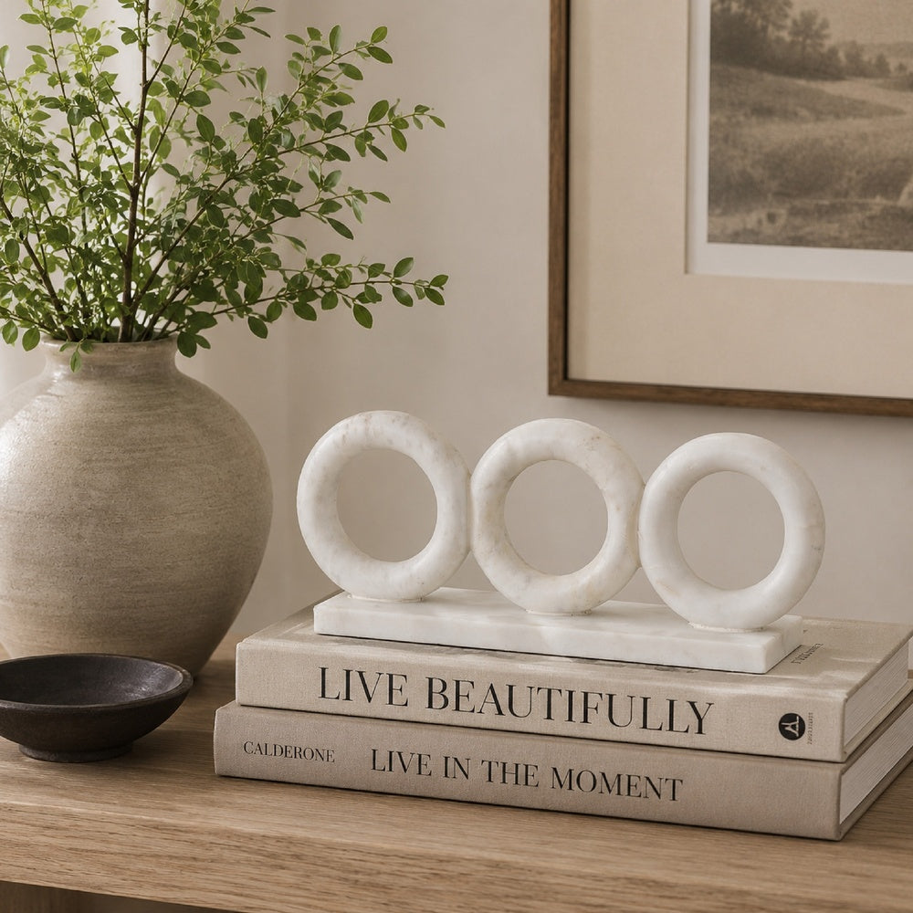 Hara Geometric Link Sculpture | 3 Circle Rings | White Marble 11"
