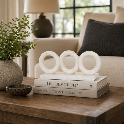 Hara Geometric Link Sculpture | 3 Circle Rings | White Marble 11"