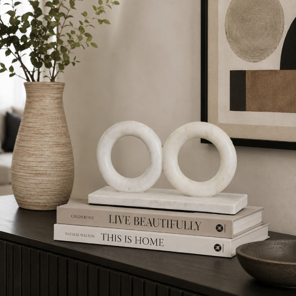 Hara Geometric Link Sculpture | 2 Circle Rings | White Marble 8"