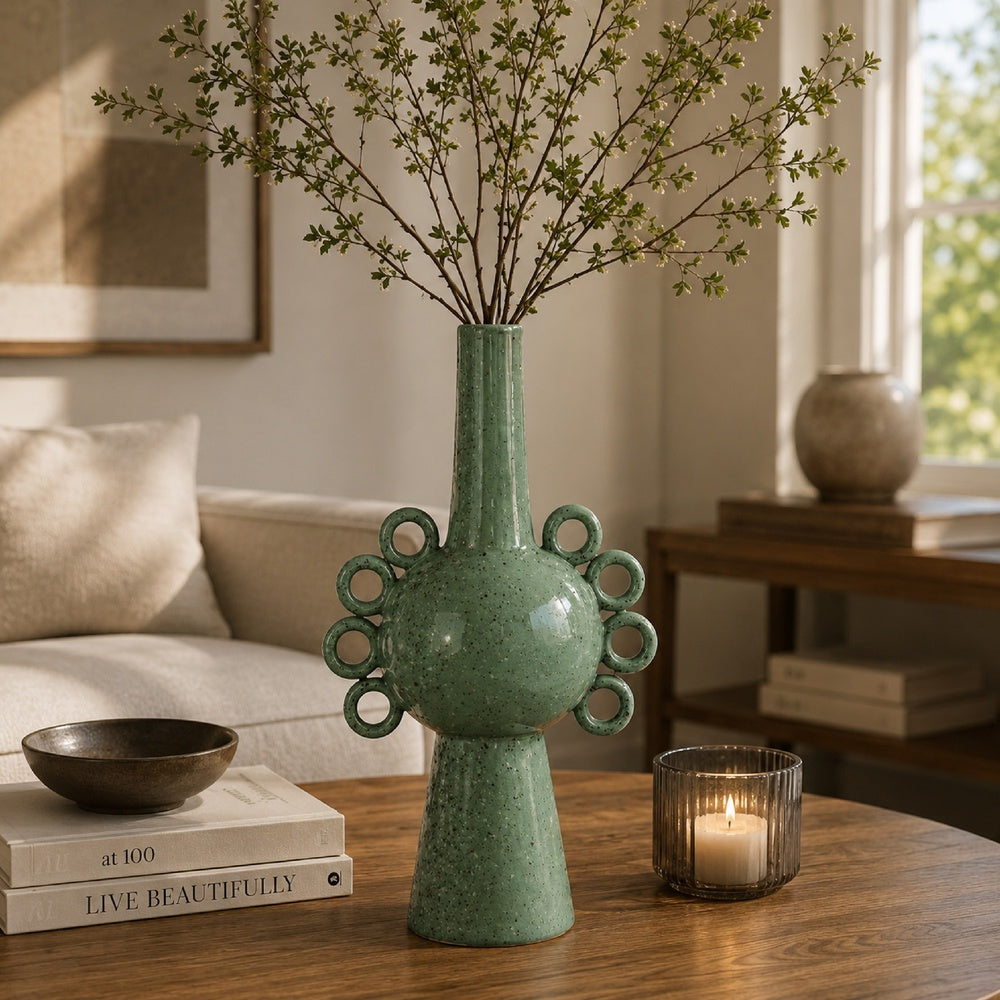 Orin Multi-Tier Sculptural Vase | Loop H&les Green Speckled Ceramic 18"