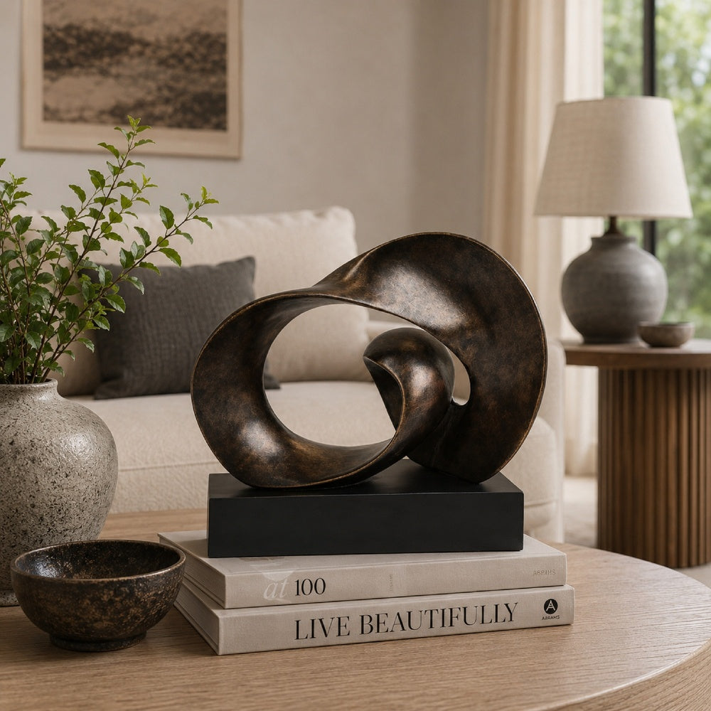 Tabletop Décor | Abstract Loop Sculpture | Plinth Base Bronze Black 11"