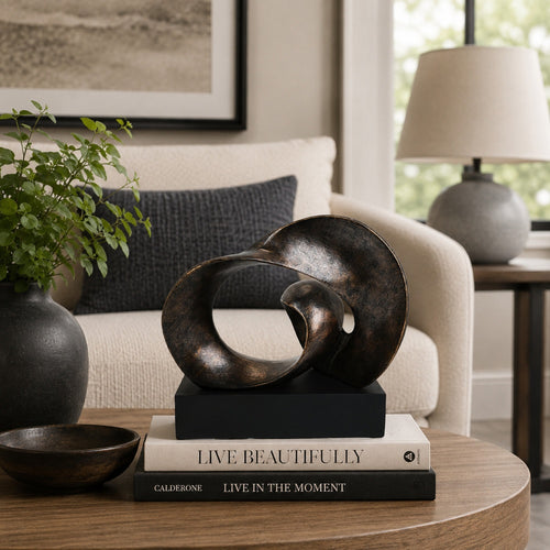 Tabletop Décor | Abstract Loop Sculpture | Plinth Base Bronze Black 11"