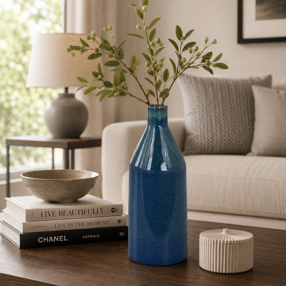 Decorative Vase | Bottle Shape | Narrow Neck | Speckled Blue Ceramic 15"