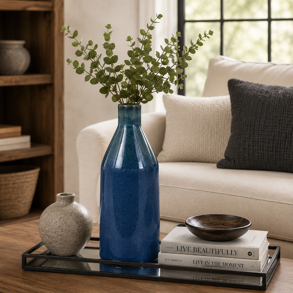 Decorative Vase | Bottle Shape | Narrow Neck | Speckled Blue Ceramic 15"