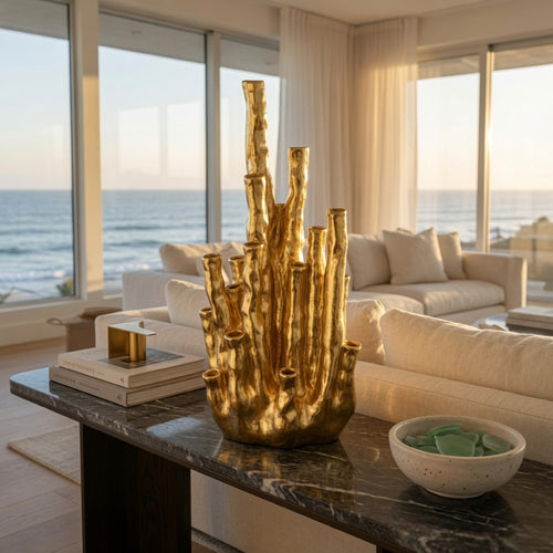 Decorative Coral Vase | Multi Stem Design | Gold Resin 19"