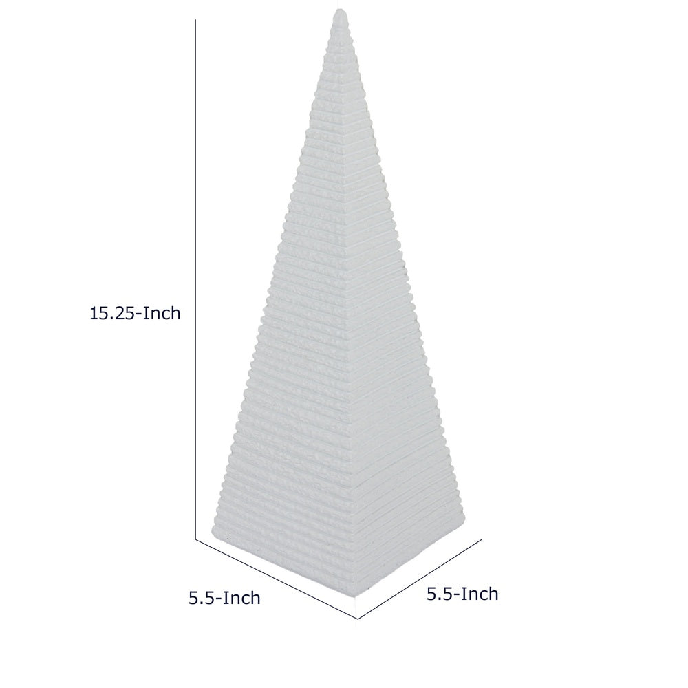 Decorative Pyramid Sculpture | Horizontally Ribbed White Resin 15"