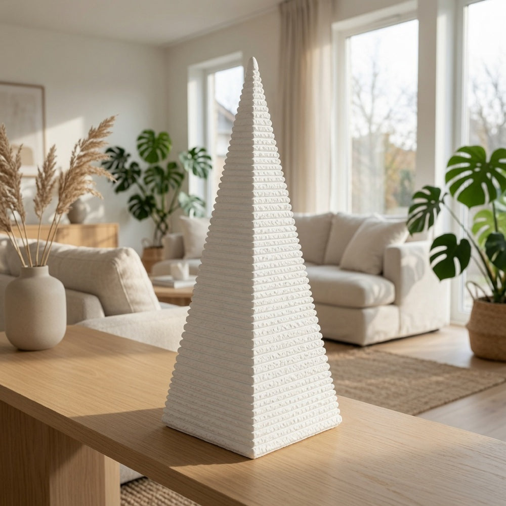 Decorative Pyramid Sculpture | Horizontally Ribbed White Resin 15"