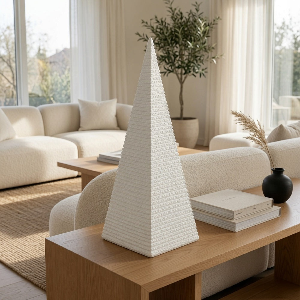 Decorative Pyramid Sculpture | Horizontally Ribbed White Resin 15"