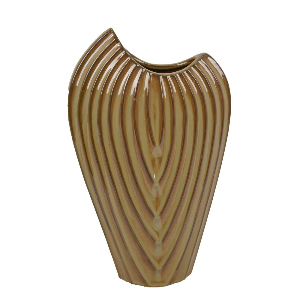 Kathy Decorative Vase | Asymmetrical Rim | Ribbed Brown Ceramic 15"