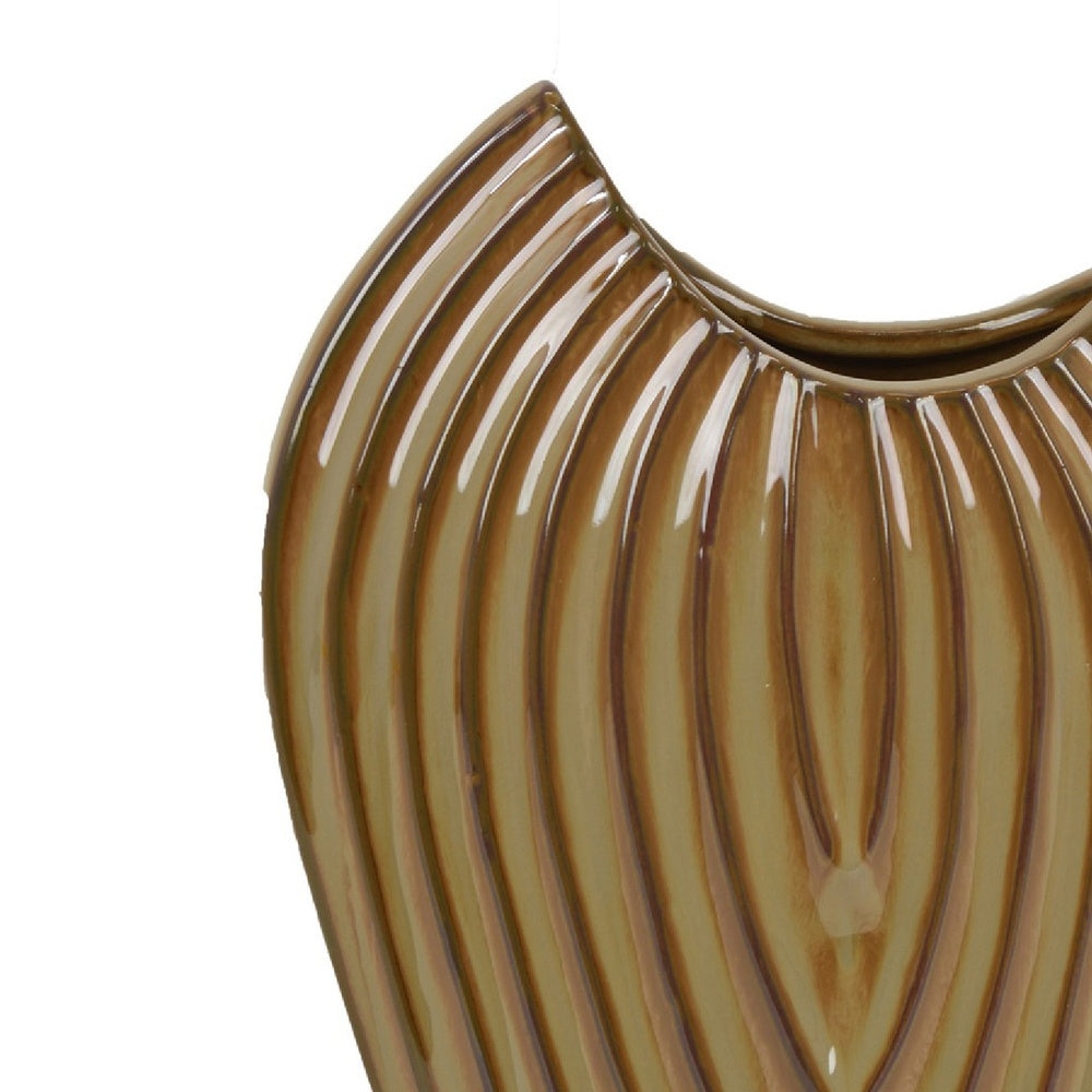 Kathy Decorative Vase | Asymmetrical Rim | Ribbed Brown Ceramic 15"