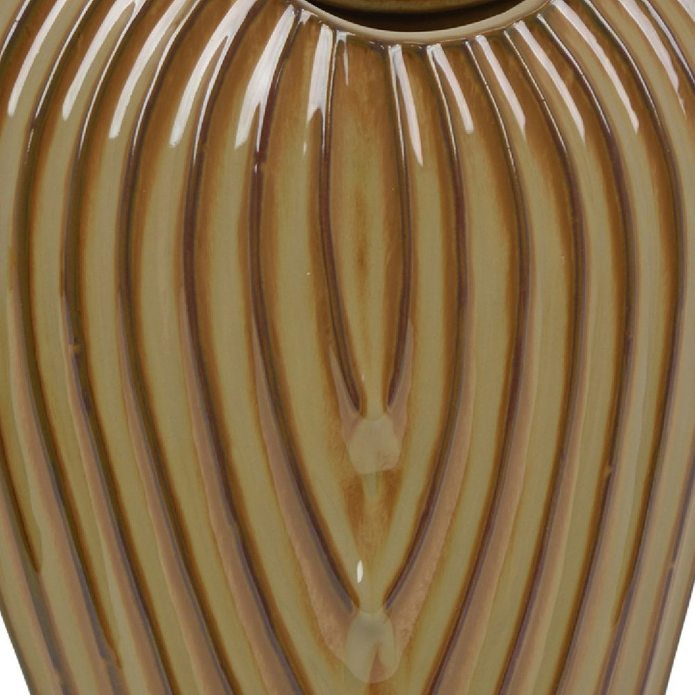 Kathy Decorative Vase | Asymmetrical Rim | Ribbed Brown Ceramic 15"