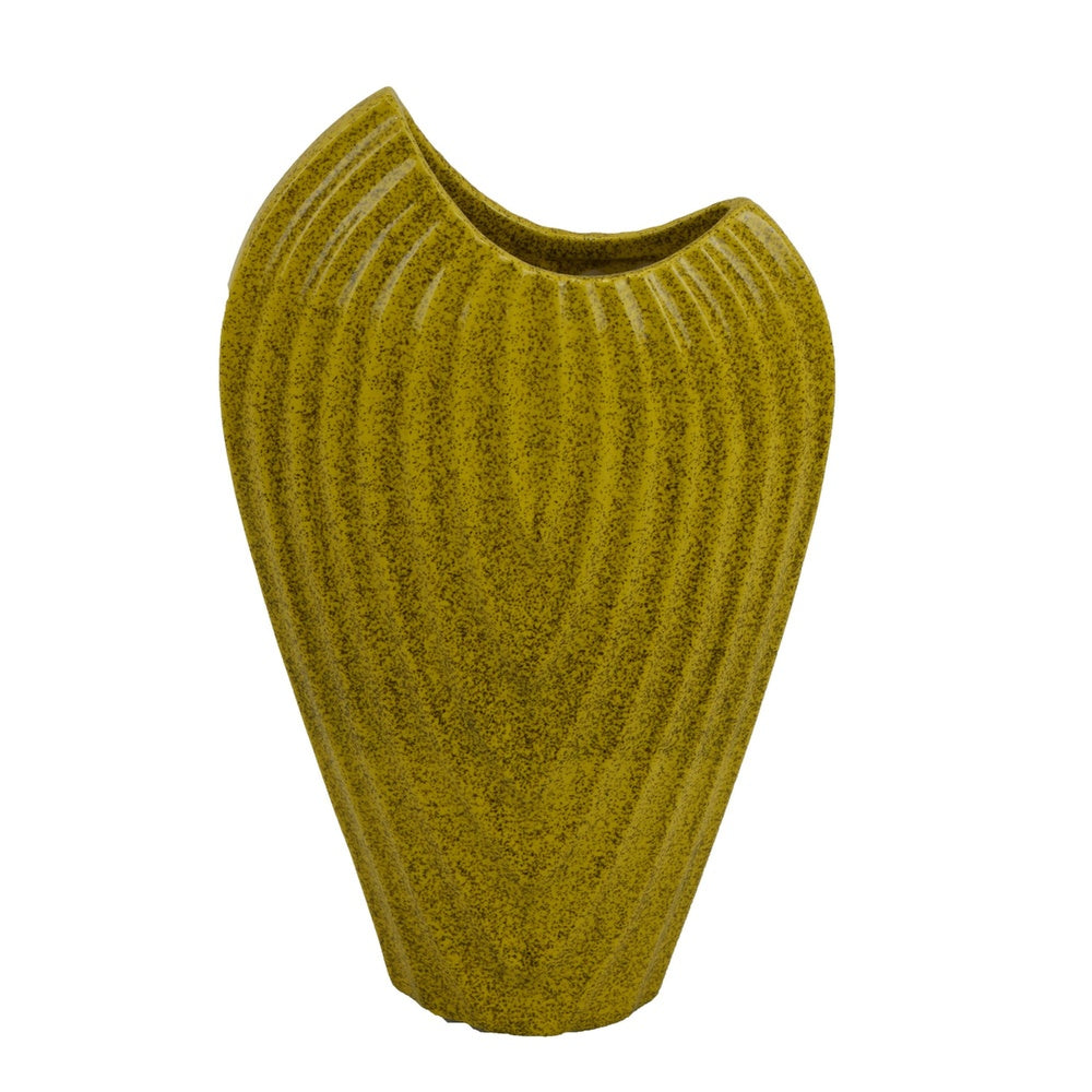 Kathy Decorative Vase | Asymmetrical Rim | Ribbed Yellow Ceramic 15"