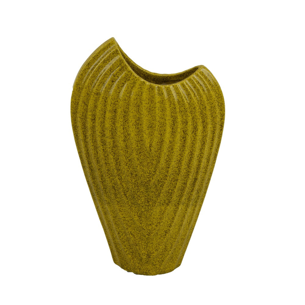 Kathy Decorative Vase | Asymmetrical Rim | Ribbed Yellow Ceramic 15"