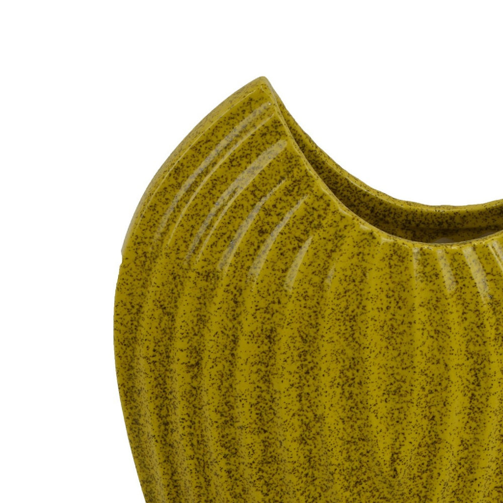 Kathy Decorative Vase | Asymmetrical Rim | Ribbed Yellow Ceramic 15"