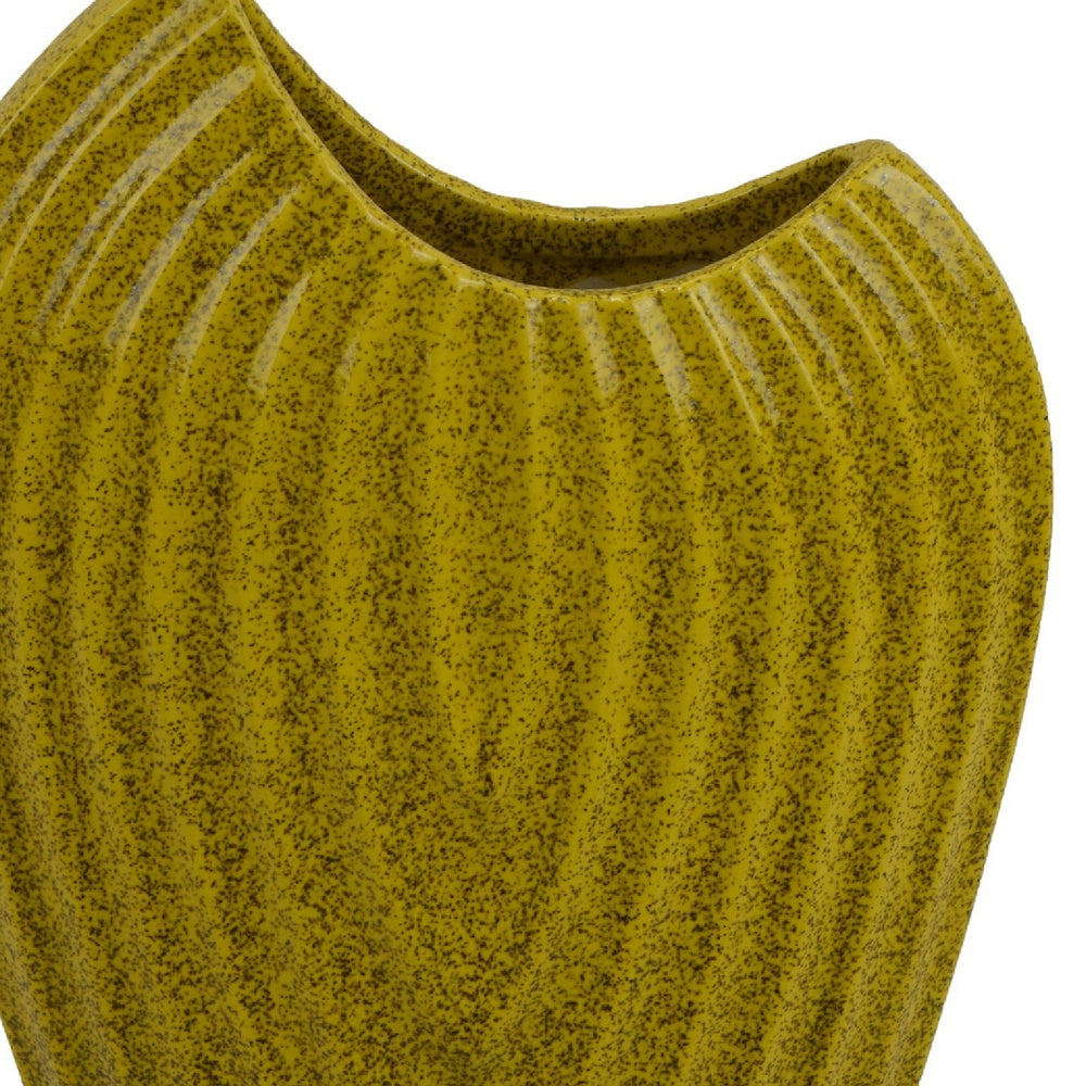 Kathy Decorative Vase | Asymmetrical Rim | Ribbed Yellow Ceramic 15"