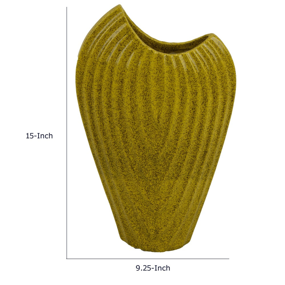 Kathy Decorative Vase | Asymmetrical Rim | Ribbed Yellow Ceramic 15"
