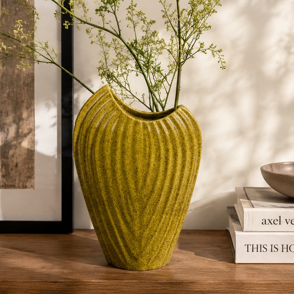 Kathy Decorative Vase | Asymmetrical Rim | Ribbed Yellow Ceramic 15"