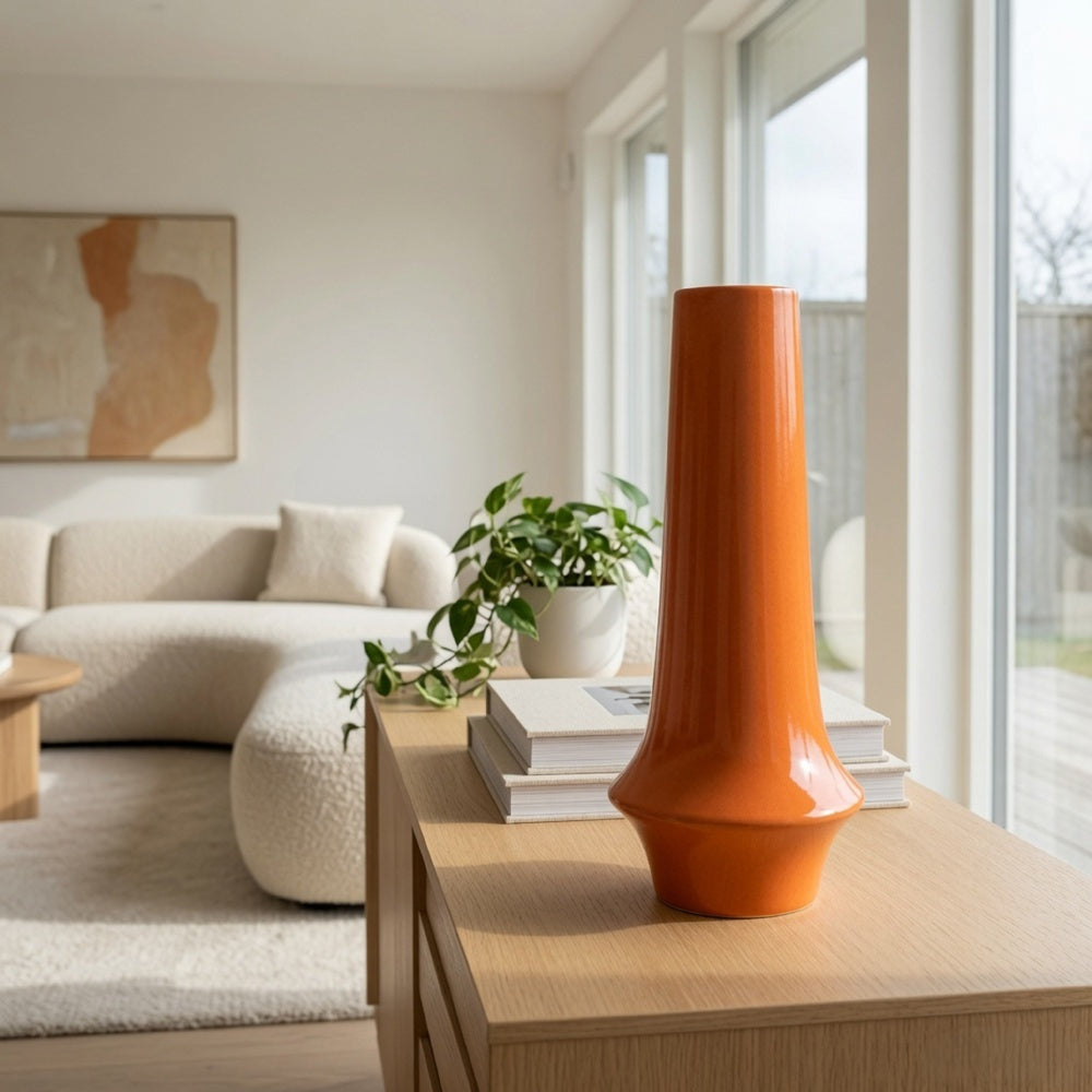 Seny Decorative Vase | Narrow Neck | Flared Base | Orange Ceramic 16"