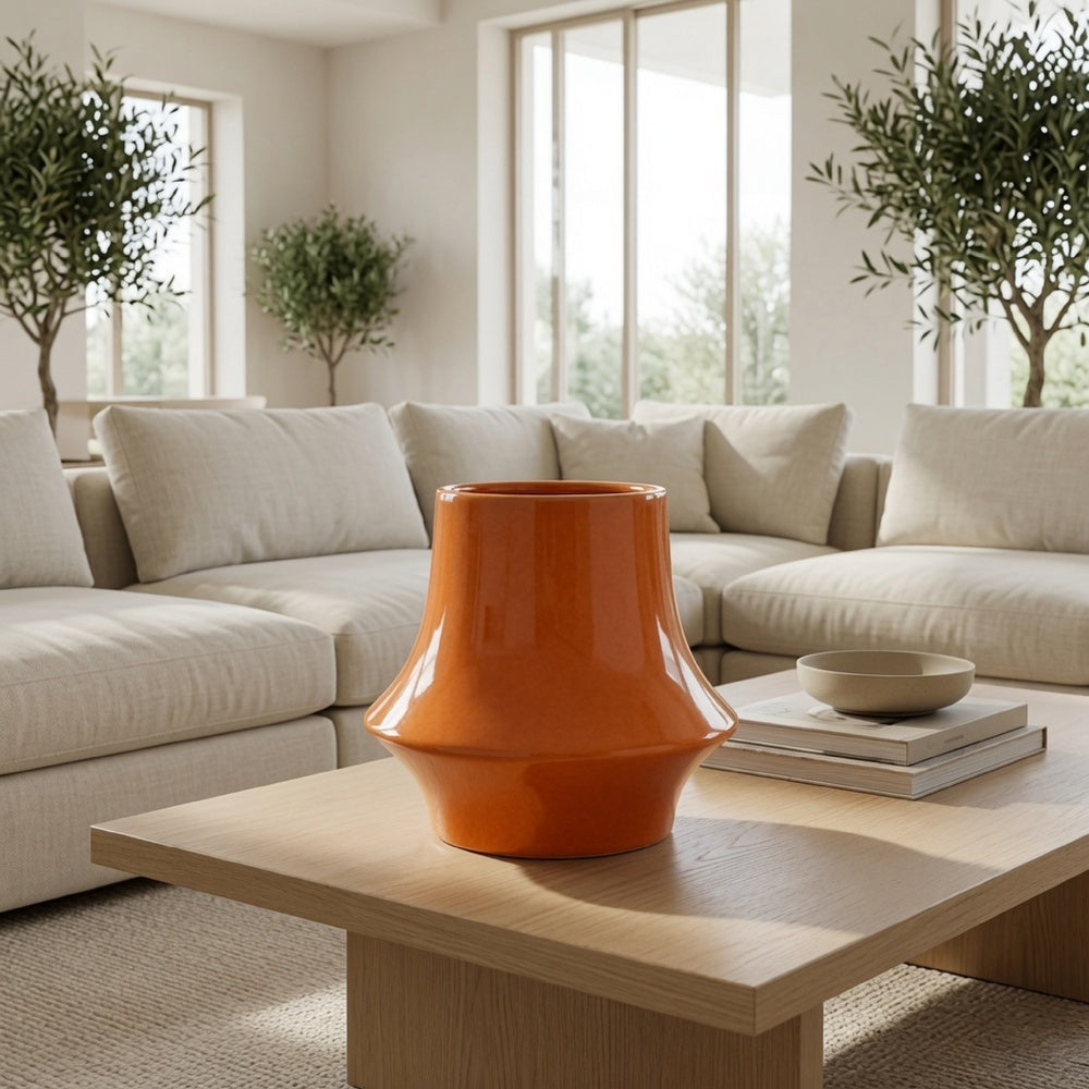 Seny Decorative Vase | Narrow Neck | Flared Base | Orange Ceramic 9"