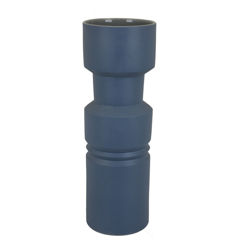 Sculptural Totem Vase | Stacked Geometric Accents | Blue Ceramic 16"