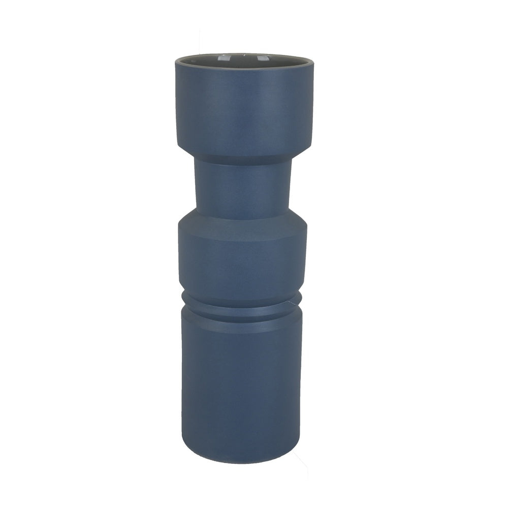 Sculptural Totem Vase | Stacked Geometric Accents | Blue Ceramic 16"
