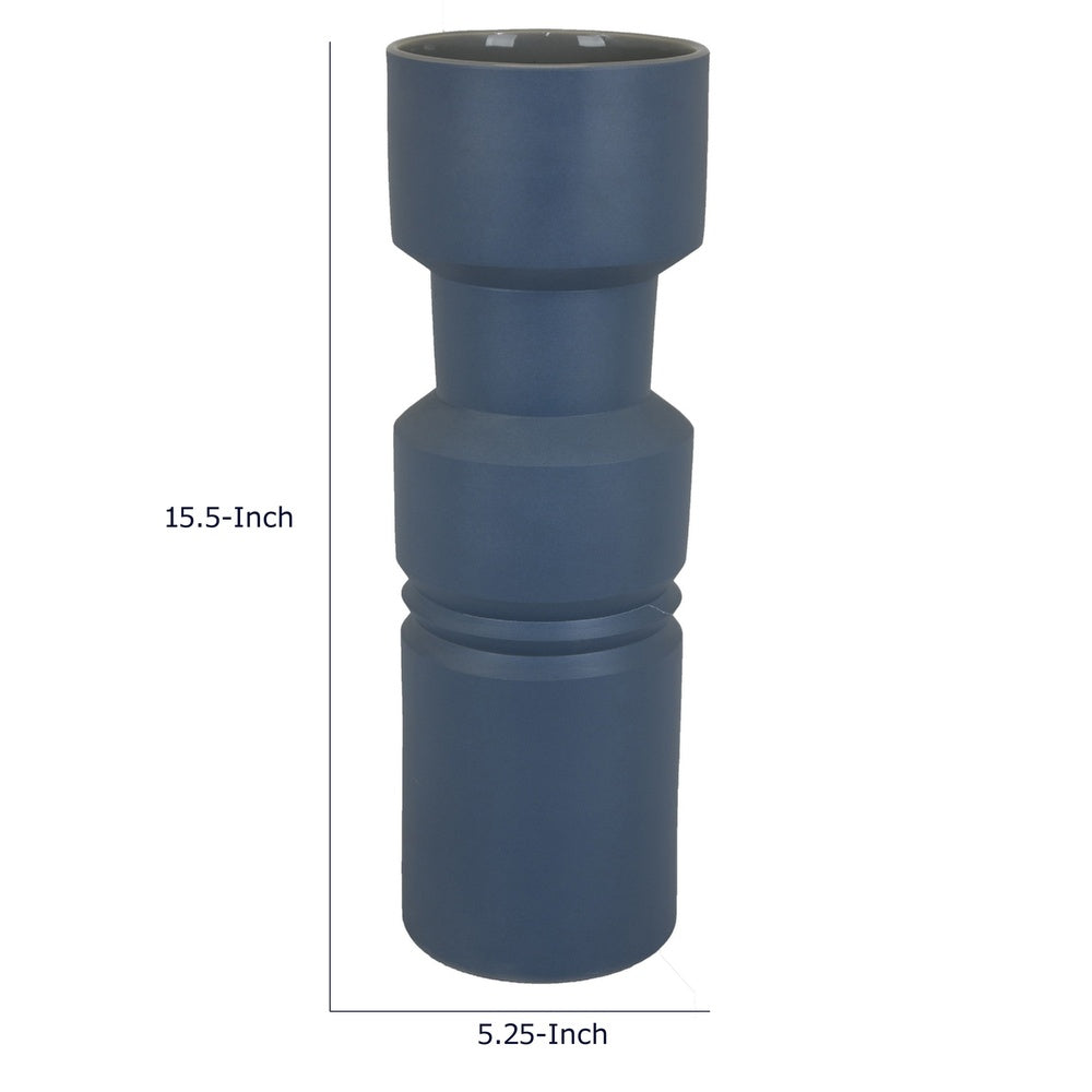 Sculptural Totem Vase | Stacked Geometric Accents | Blue Ceramic 16"