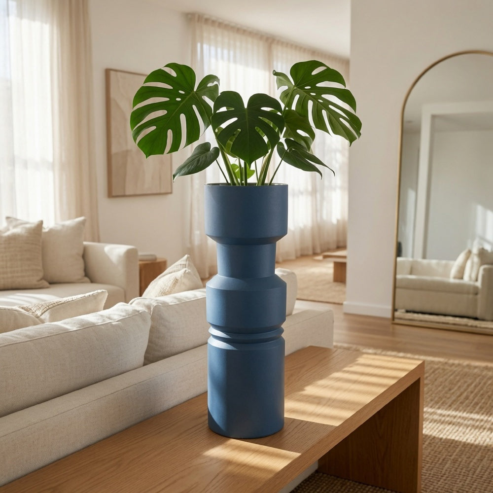 Sculptural Totem Vase | Stacked Geometric Accents | Blue Ceramic 16"