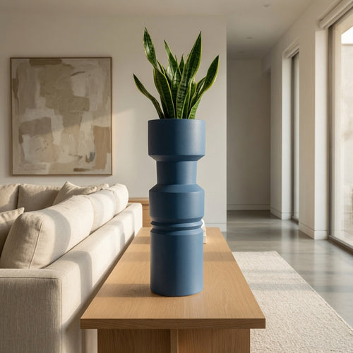 Sculptural Totem Vase | Stacked Geometric Accents | Blue Ceramic 16"