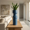 Sculptural Totem Vase | Stacked Geometric Accents | Blue Ceramic 16"
