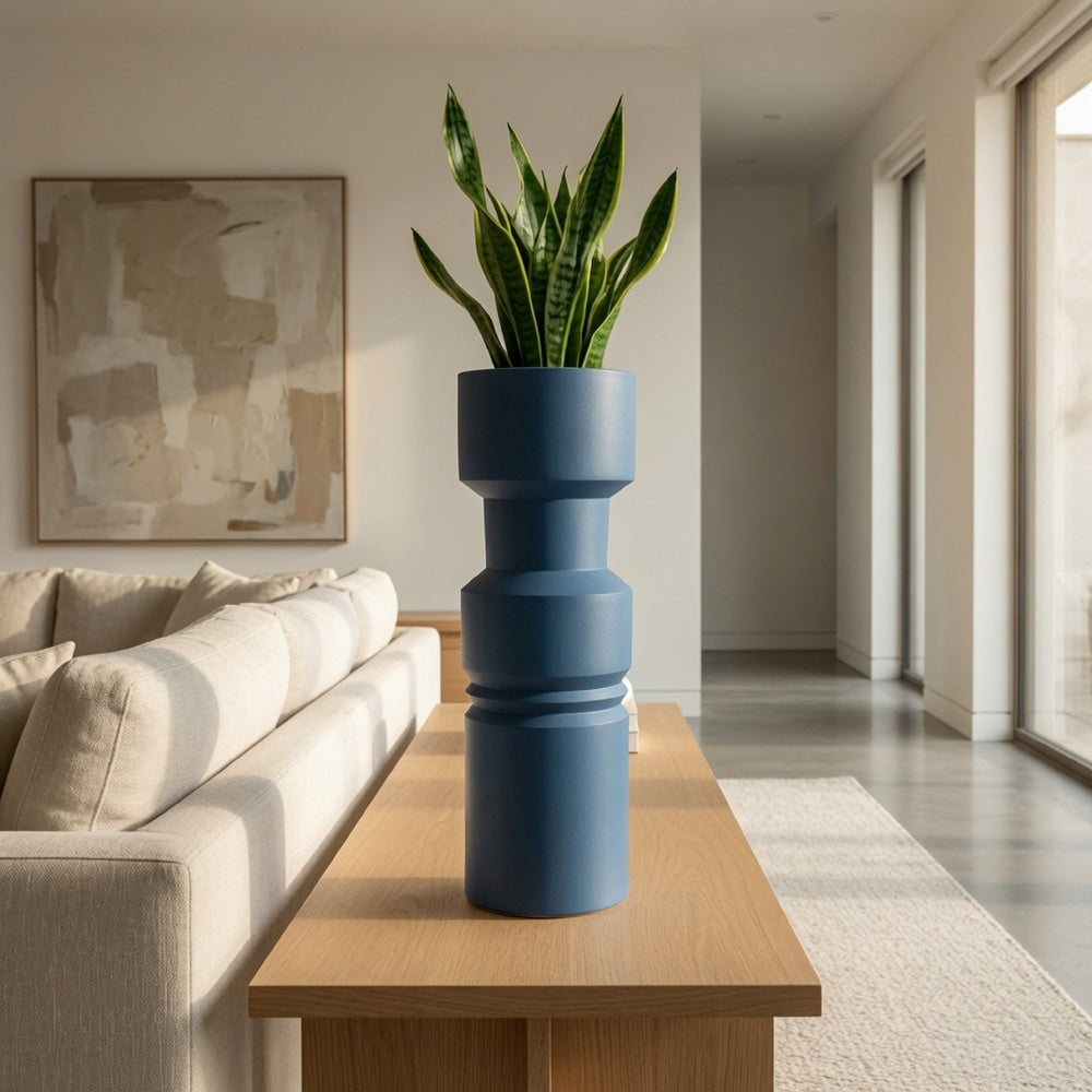 Sculptural Totem Vase | Stacked Geometric Accents | Blue Ceramic 16"