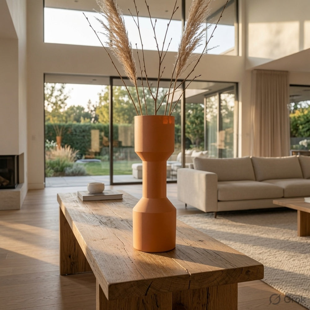 Decorative Vase | Geometric Hourglass Shape | Matte Orange Ceramic 16"