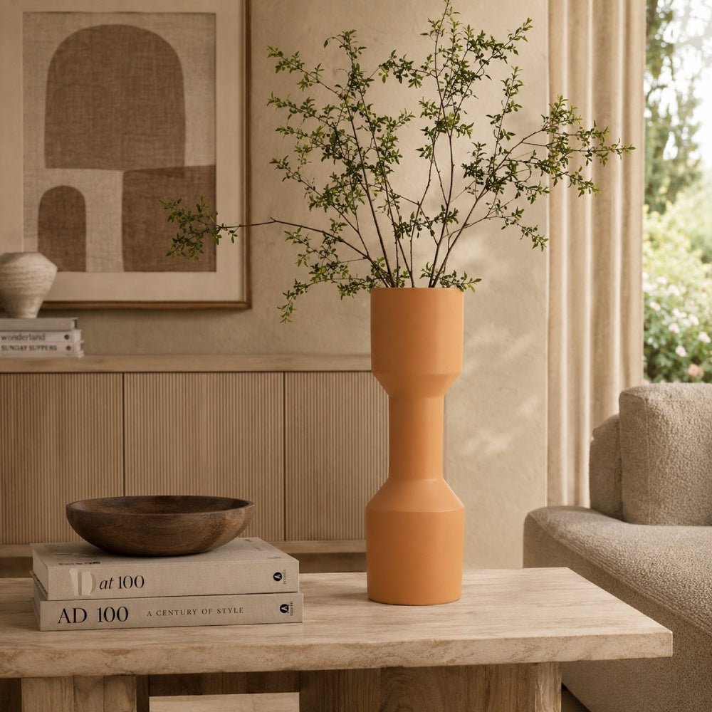 Decorative Vase | Geometric Hourglass Shape | Matte Orange Ceramic 16"